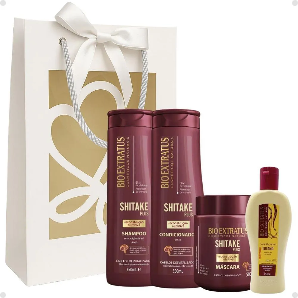 KIT PRESENTE BIO EXTRATUS SHITAKE PLUS: SHAMPOO, CONDICIONADOR 350ML, MáSCARA 500G + MIMO CREME SILICONE 150ML
