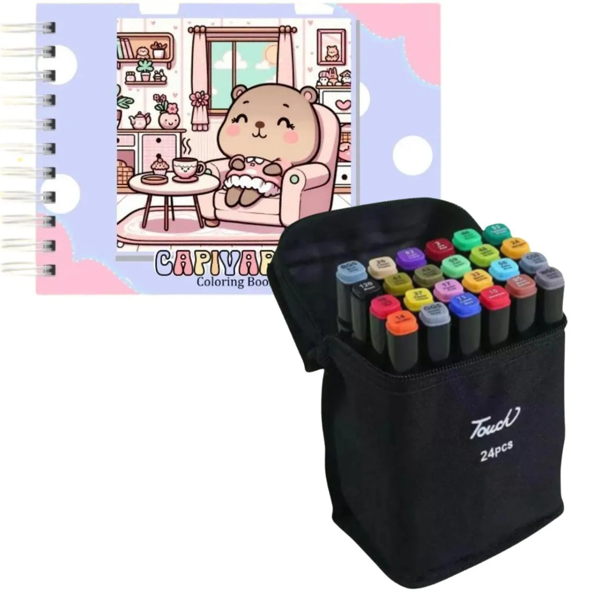 KIT 24 CANETINHAS PONTA DUPLA + CAPIVARA CAPA DURA