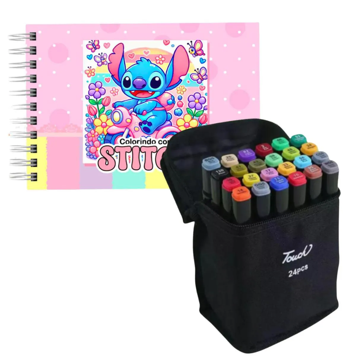 KIT 24 CANETINHAS PONTA DUPLA + LIVRO STITCH CAPA DURA