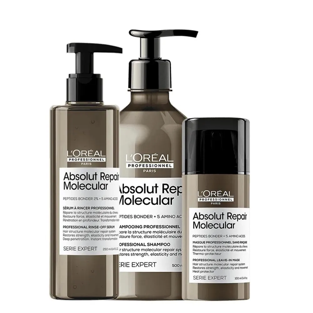 KIT LORéAL PROFESSIONNEL ABSOLUT REPAIR MOLECULAR SHAMPOO 500 SéRUM E LEAVE-IN (3 PRODUTOS)