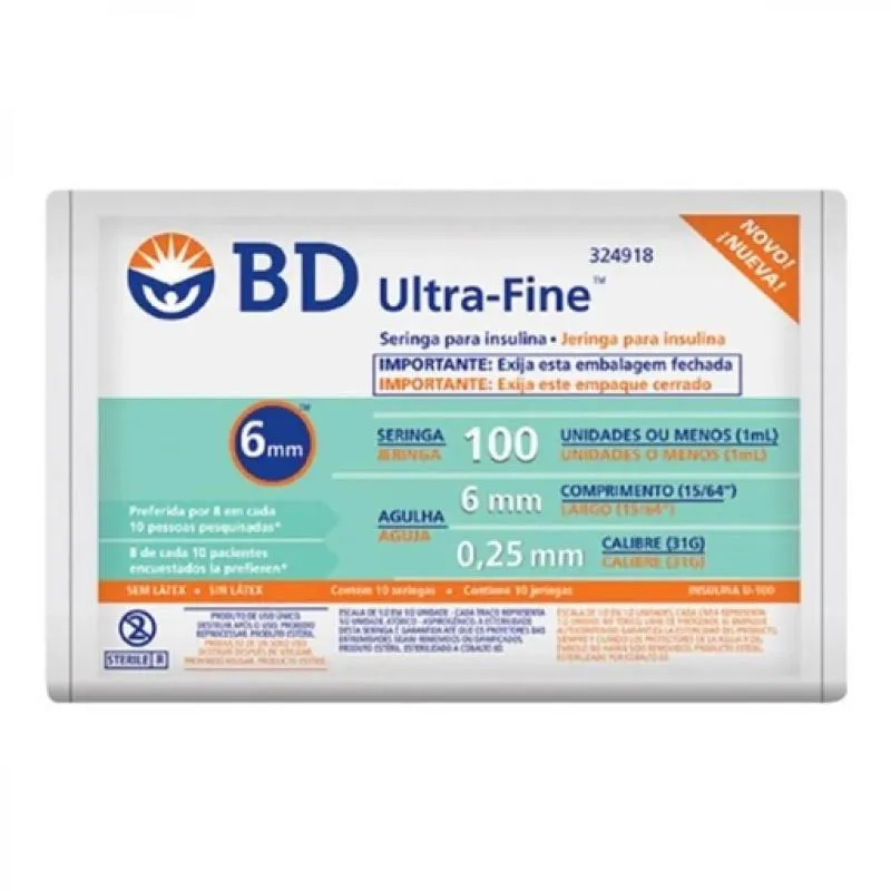 SERINGA ULTRA FINE 6X0,25MM 100UI COM 10UN AC 324918 BD