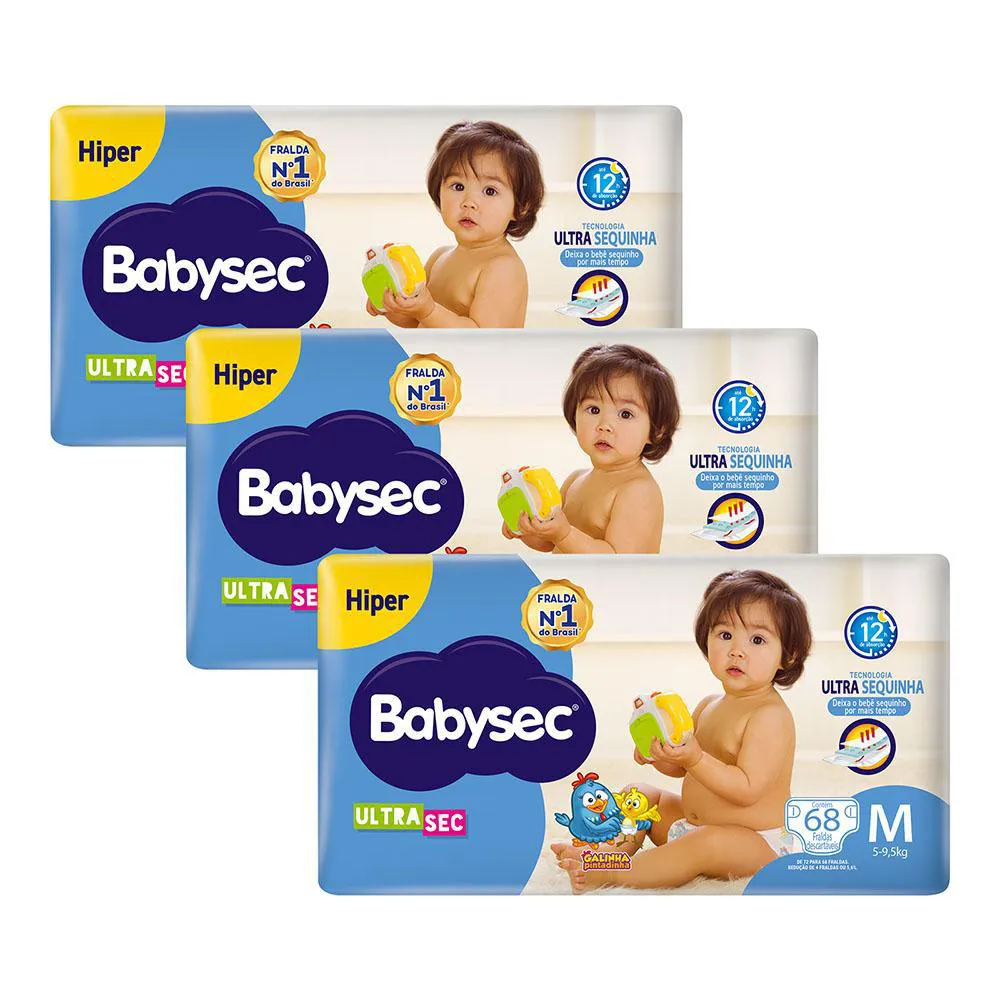 Kit 3 Fraldas Babysec Galinha Pintadinha Ultrasec Hiper Tamanho M 68  Unidades Cada