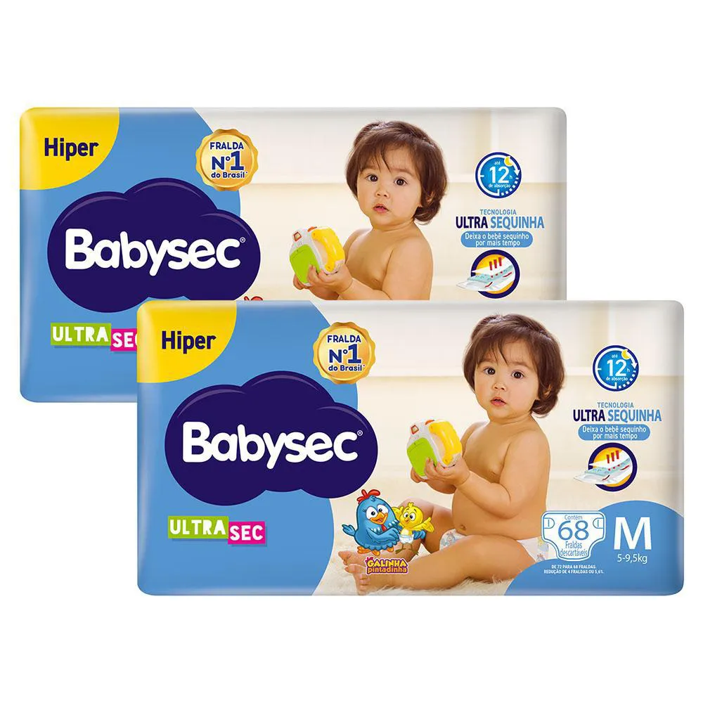 Kit 2 Fraldas Babysec Galinha Pintadinha Ultrasec Hiper Tamanho M 68  Unidades Cada