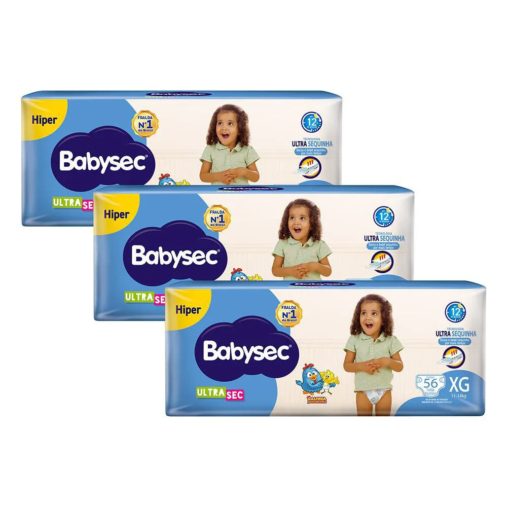 Kit 3 Fraldas Babysec Galinha Pintadinha Ultrasec Hiper Tamanho XG 56  Unidades Cada