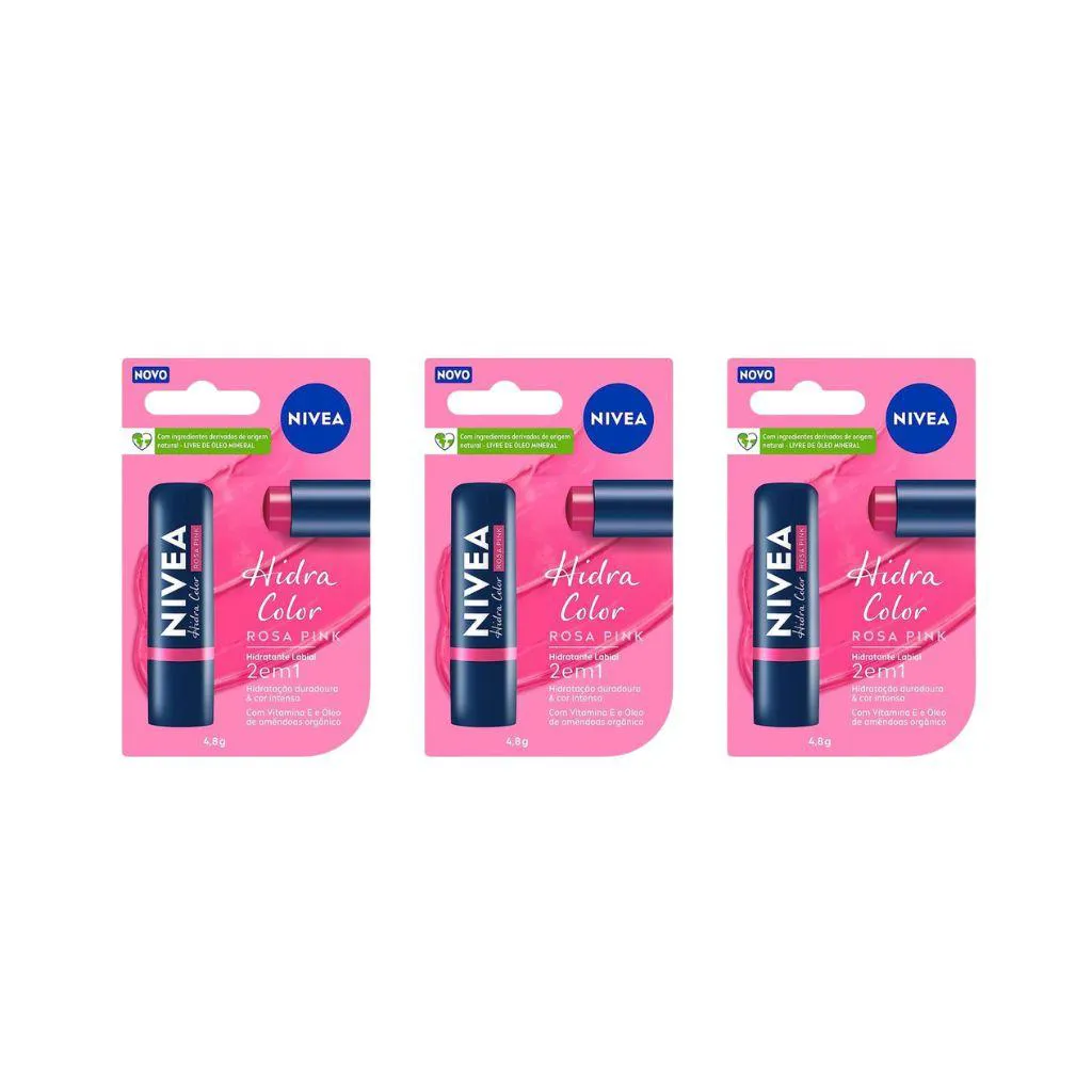 PROTETOR LABIAL NIVEA 4,8G HIDRA COLOR ROSA - KIT C/ 3UN