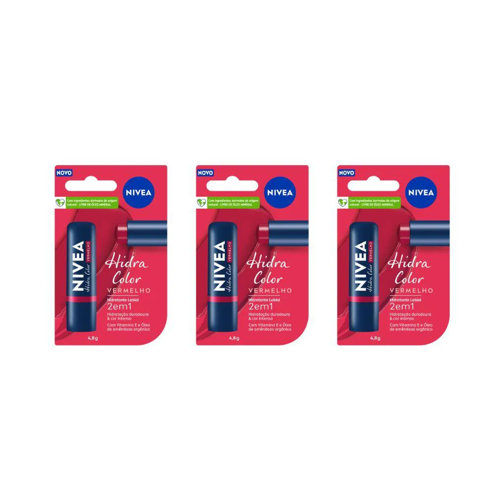 PROTETOR LABIAL NIVEA 4,8G HIDRA COLOR VERMELHO - KIT C/ 3UN