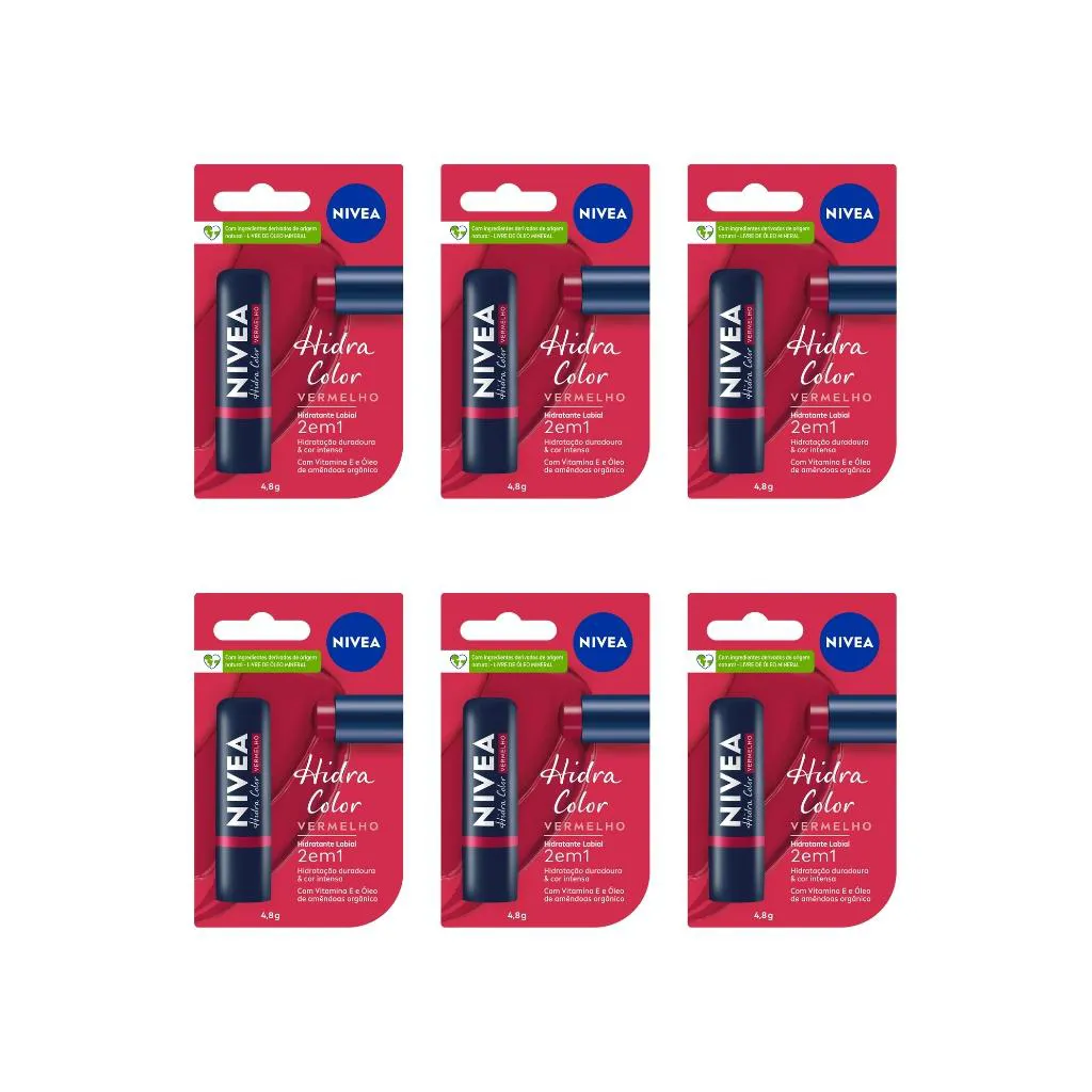 PROTETOR LABIAL NIVEA 4,8G HIDRA COLOR VERMELHO - KIT C/ 6UN