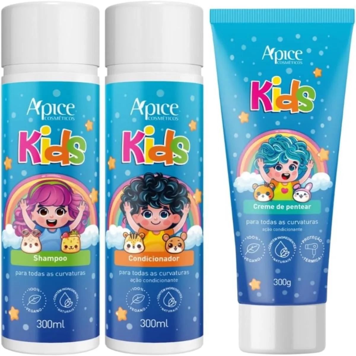 APICE KIT KIDS LINHA INFANTIL CAPILAR SHAMPOO CONDICIONADOR CREME DE PENTEAR