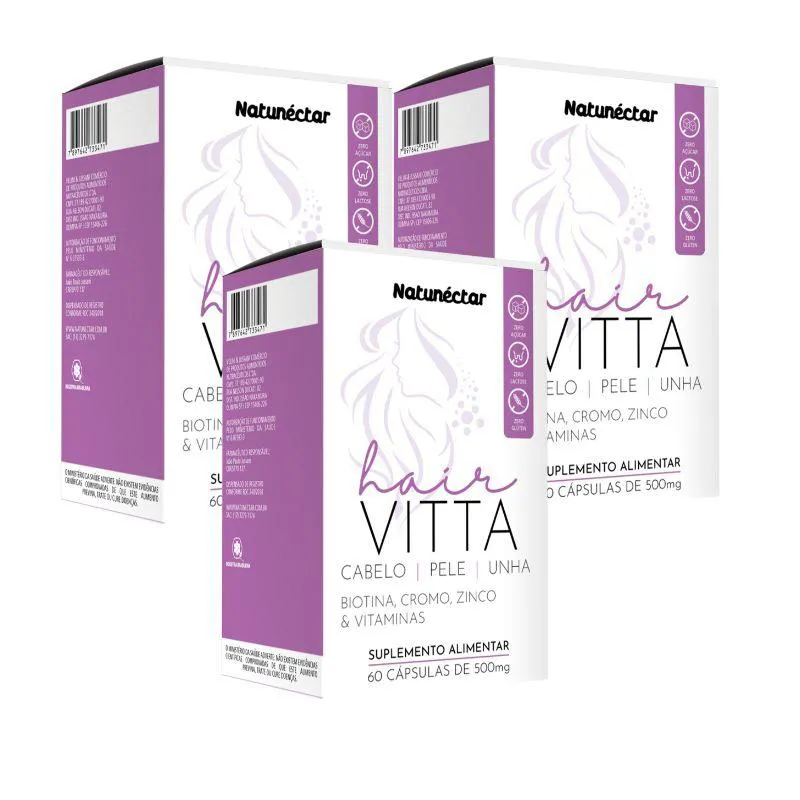 KIT HAIR VITTA CABELO PELE E UNHA NATUNECTAR 500MG – 3 UNID (180 CáPSULAS)