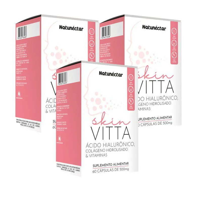 KIT SKIN VITTA ÁCIDO HIALURôNICO NATUNECTAR 500MG - 3 UNID (180 CáPSULAS)