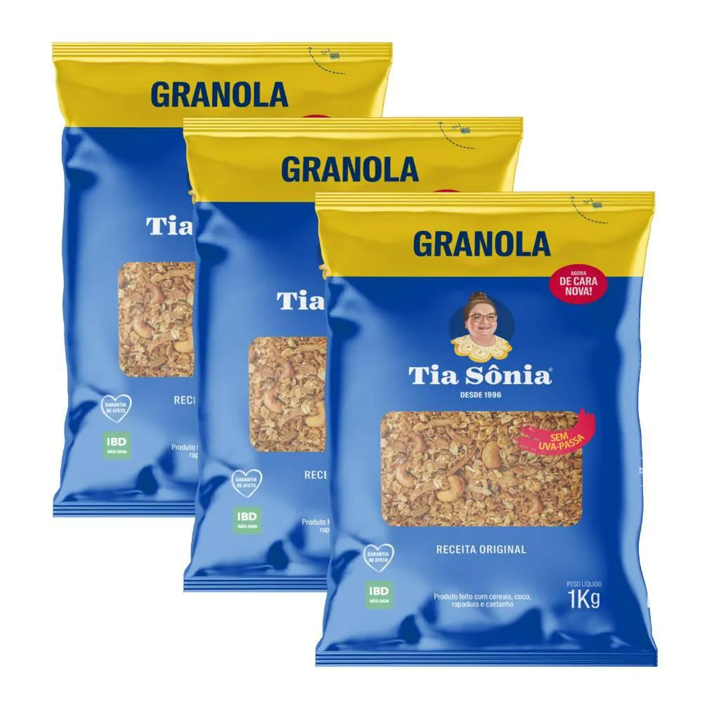 KIT 3 GRANOLA TRADICIONAL SEM UVA PASSA 1KG CADA TIA SôNIA