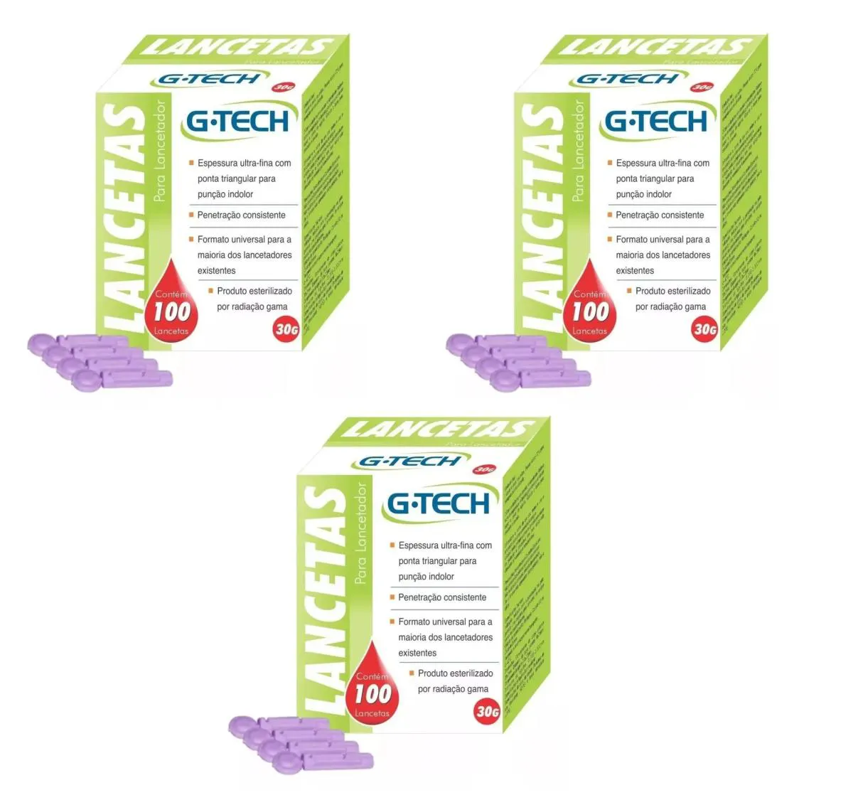 KIT 3 LANCETA P/ LANCETADOR ULTRA FINA G-TECH 28G 100UN
