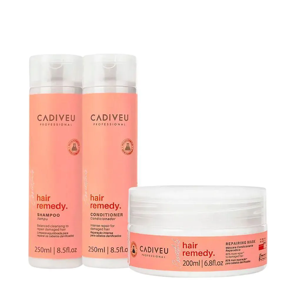 KIT CADIVEU PROFESSIONNEL HAIR REMEDY ESSENTIALS - SHAMPOO 250ML + CONDICIONADOR 250ML + MáSCARA REPARADORA 200ML