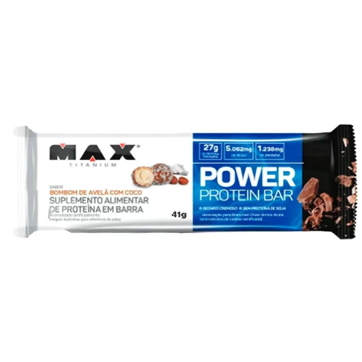 POWER PROTEIN BAR 	BOMBOM DE AVELã C/ COCO (41G) - MAX TITANIUM