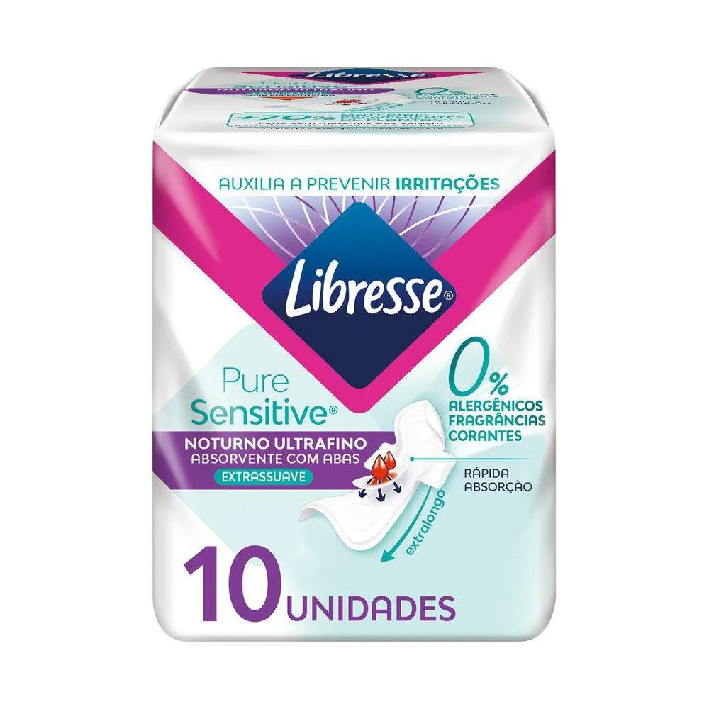 ABSORVENTE NOTURNO COM ABAS LIBRESSE PURE SENSITIVE ULTRAFINO 10 UNIDADES