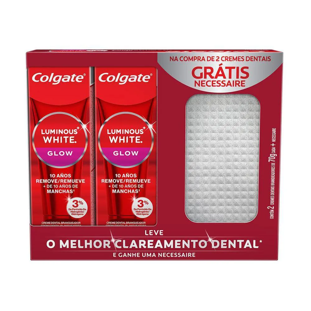 KIT 2 CREMES DENTAIS GLOW MINT COLGATE LUMINOUS WHITE 70G CADA GRáTIS NéCESSAIRE