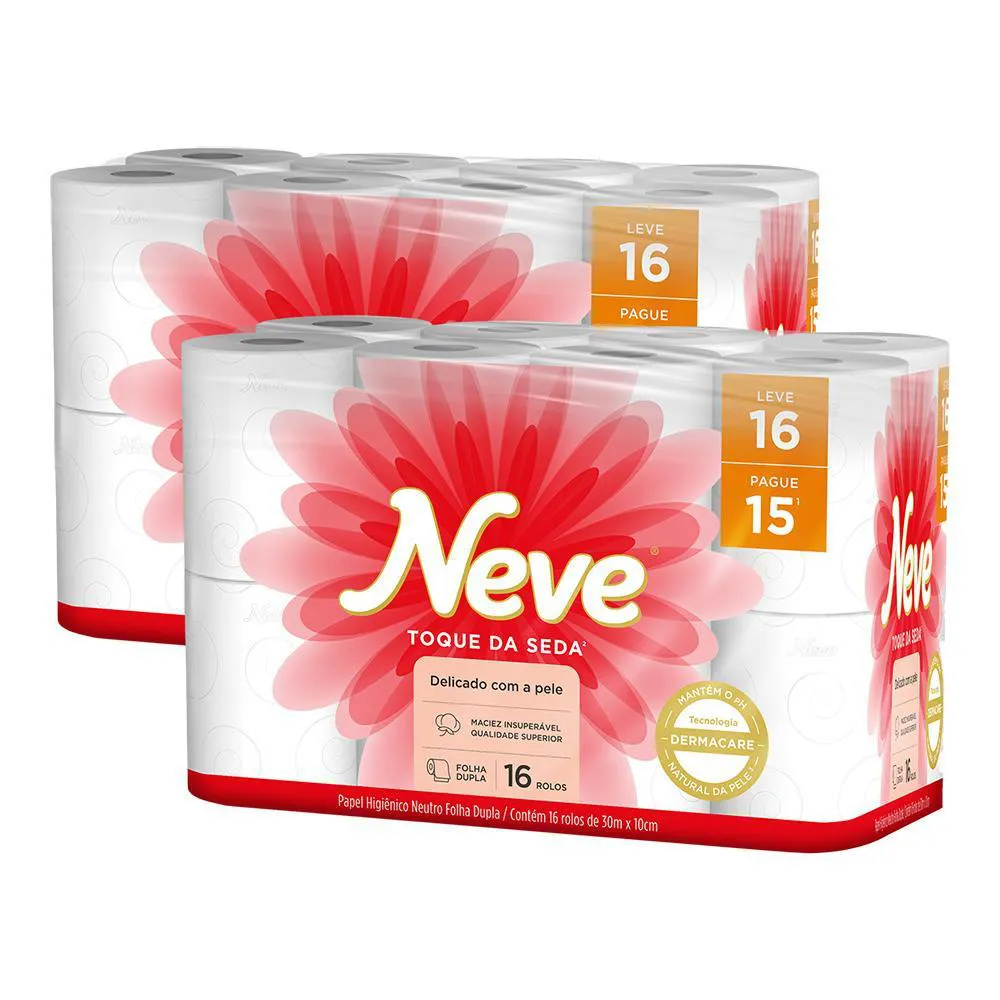 KIT 2 PAPEL HIGIêNICO NEVE TOQUE DE SEDA FOLHA DUPLA 16UN CADA