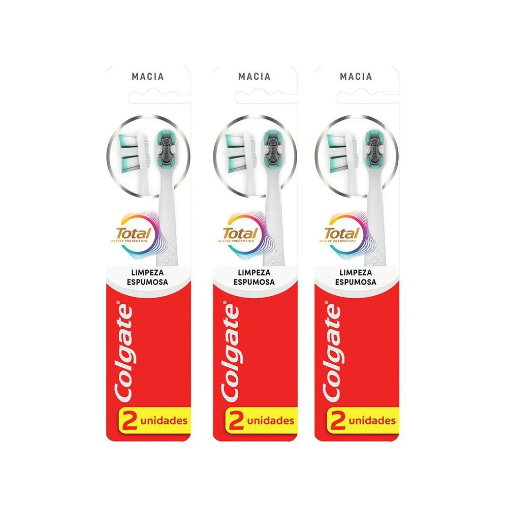 KIT 3 ESCOVA DENTAL COLGATE TOTAL LIMPEZA ESPUMOSA SUAVE 2 UNIDADES