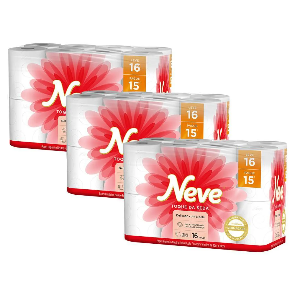 KIT 3 PAPEL HIGIêNICO NEVE TOQUE DE SEDA FOLHA DUPLA 16UN CADA