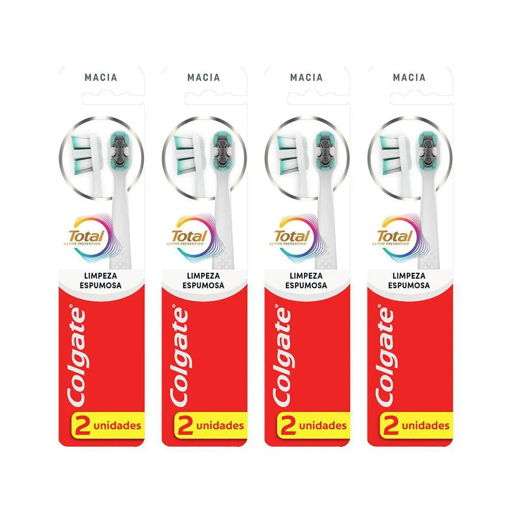 KIT 4 ESCOVA DENTAL COLGATE TOTAL LIMPEZA ESPUMOSA SUAVE 2 UNIDADES