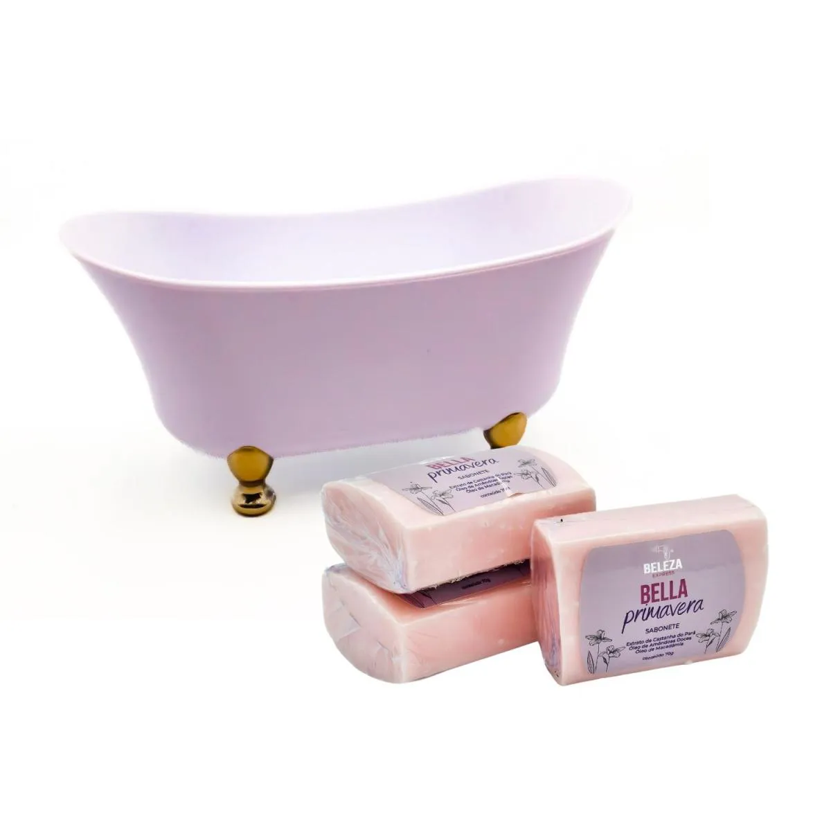 KIT SABONETEIRA BANHEIRA COM 3 SABONETES BELLA PRIMAVERA COR BRANCA