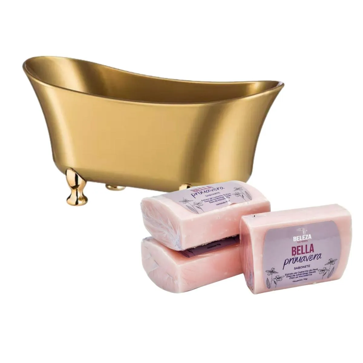 KIT MINI BANHEIRA COM 3 SABONETES BELLA PRIMAVERA  DOURADA
