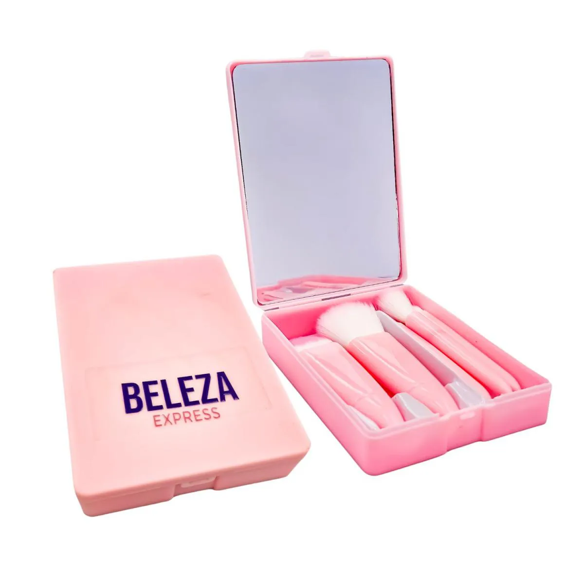 KIT COM 5 PINCéIS DE MAQUIAGEM E ESPELHO DE MãO/BOLSO/PORTáTIL ROSA