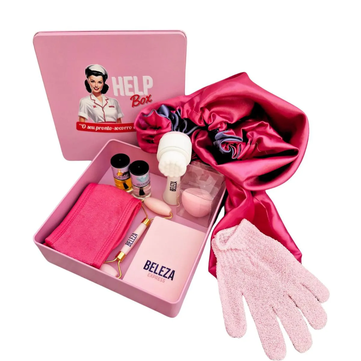 KIT PRESENTE LATA COM ACESSóRIOS DE SKINCARE GRANDE- HELP BOX-PRONTO SOCORRO DA BELEZA