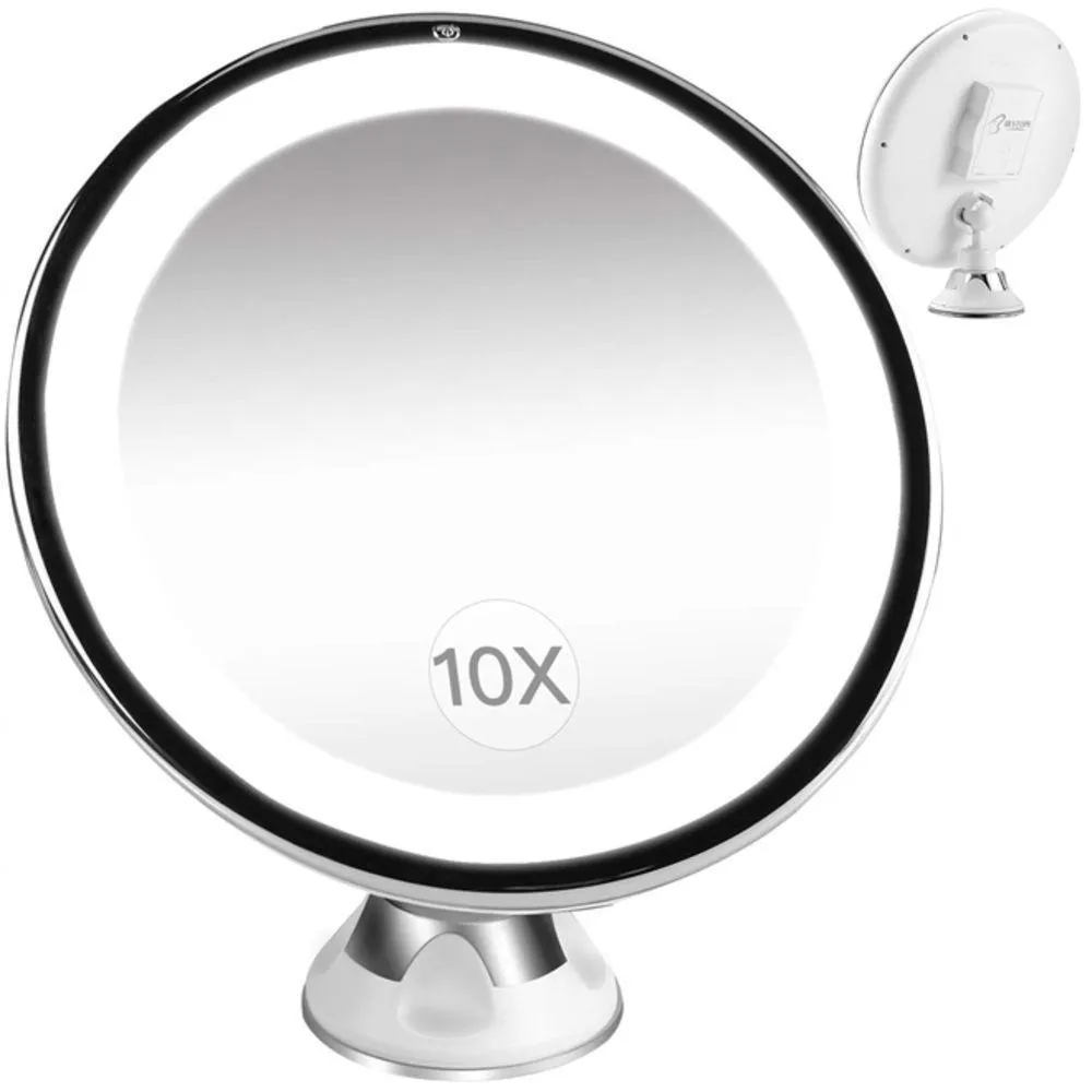 ESPELHO AUMENTO LED 10X LUMINARIA BARBA MAQUIAGEM BANHEIRO MESA PAREDE COM VENTOSA GIRATORIO ILUMINACAO PROFISSIONAL