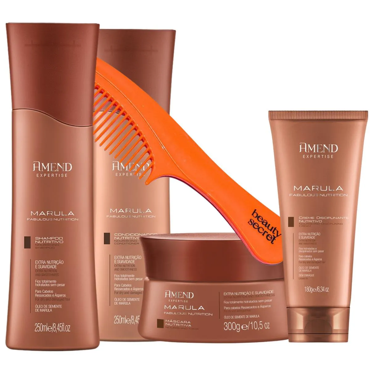 KIT SHAMPOO CREME CONDICIONADOR MASCARA MARULA E PENTE BEAUTY