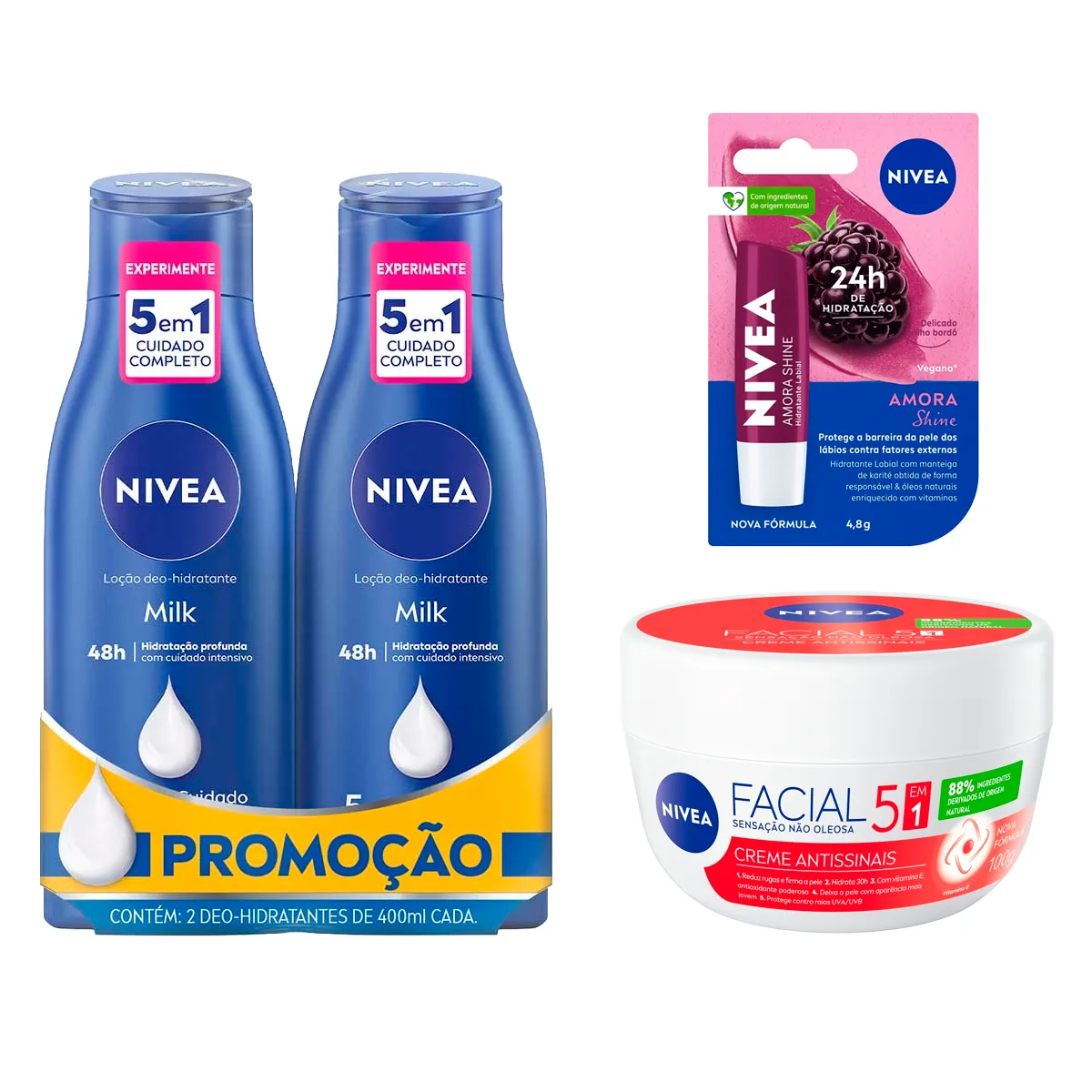 Kit Nivea Hidratantes com Loção 2 Unidades + Labial Nivea Amora Shine de 4,8g + Antissinais Creme 100g