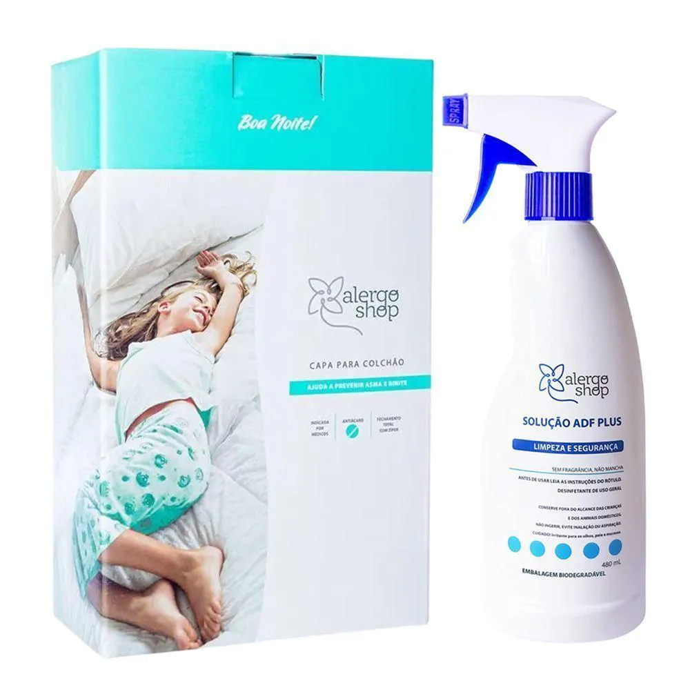 KIT SOLUçãO ANTIáCAROS ADF PLUS + CAPA DE COLCHãO ANTIáCARO BERçO SUPER SOFT ALERGOSHOP