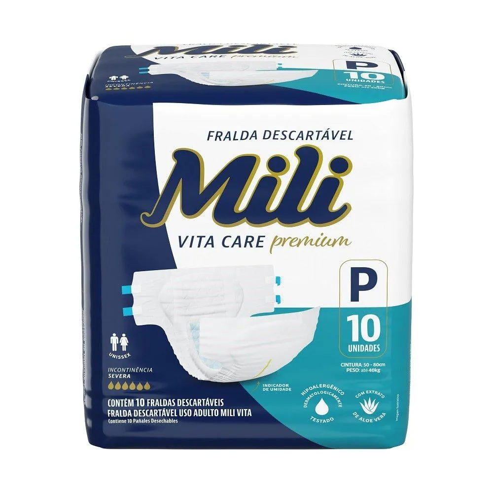 FRALDA DESCARTAVEL ADULTO MILI VITA CARE PEQUENA - 8 PACOTES COM 10 FRALDAS