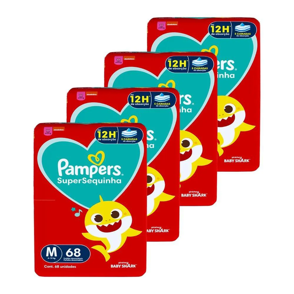 FRALDA DESCARTáVEL PAMPERS SUPERSEQUINHA TAMANHO M - 4 PACOTES COM 68 FRALDAS - TOTAL 272 TIRAS