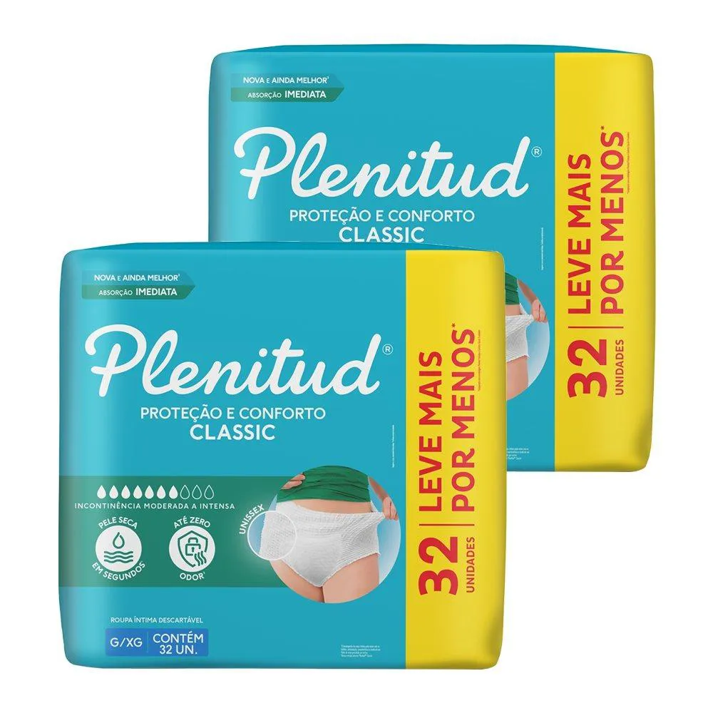FRALDA DESCATáVEL PLENITUD CLASSIC INTENSA ROUPA ÍNTIMA G/XG - 2 PACOTES COM 32 UNIDADES - TOTAL 64 TIRAS
