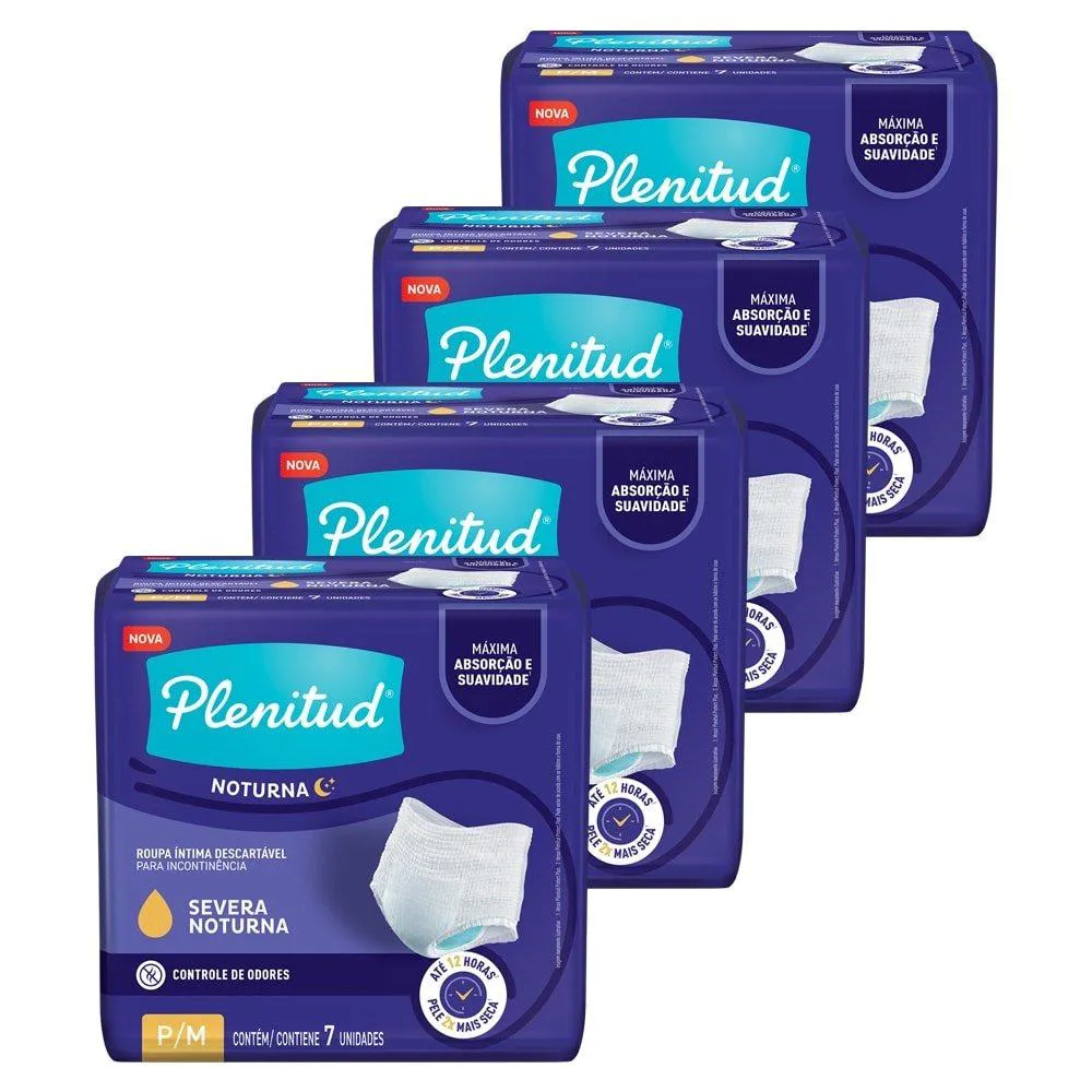FRALDA DESCARTáVEL PLENITUD NOTURNA P/M ROUPA ÍNTIMA - 4 PACOTES COM 7 UNIDADES - TOTAL 28 TIRAS