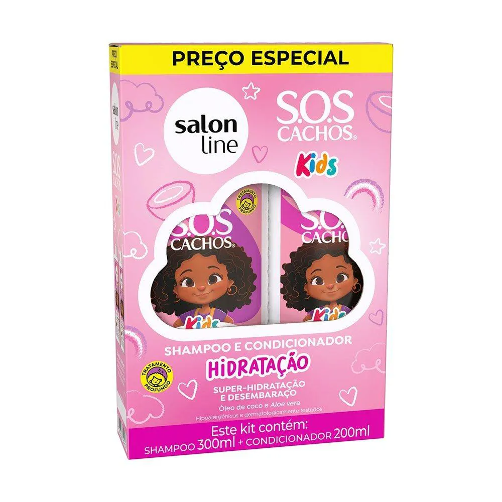 SHAMPOO 300ML + CONDICIONADOR SALON LINE SOS CACHOS KIDS HIDRATACAO 200ML