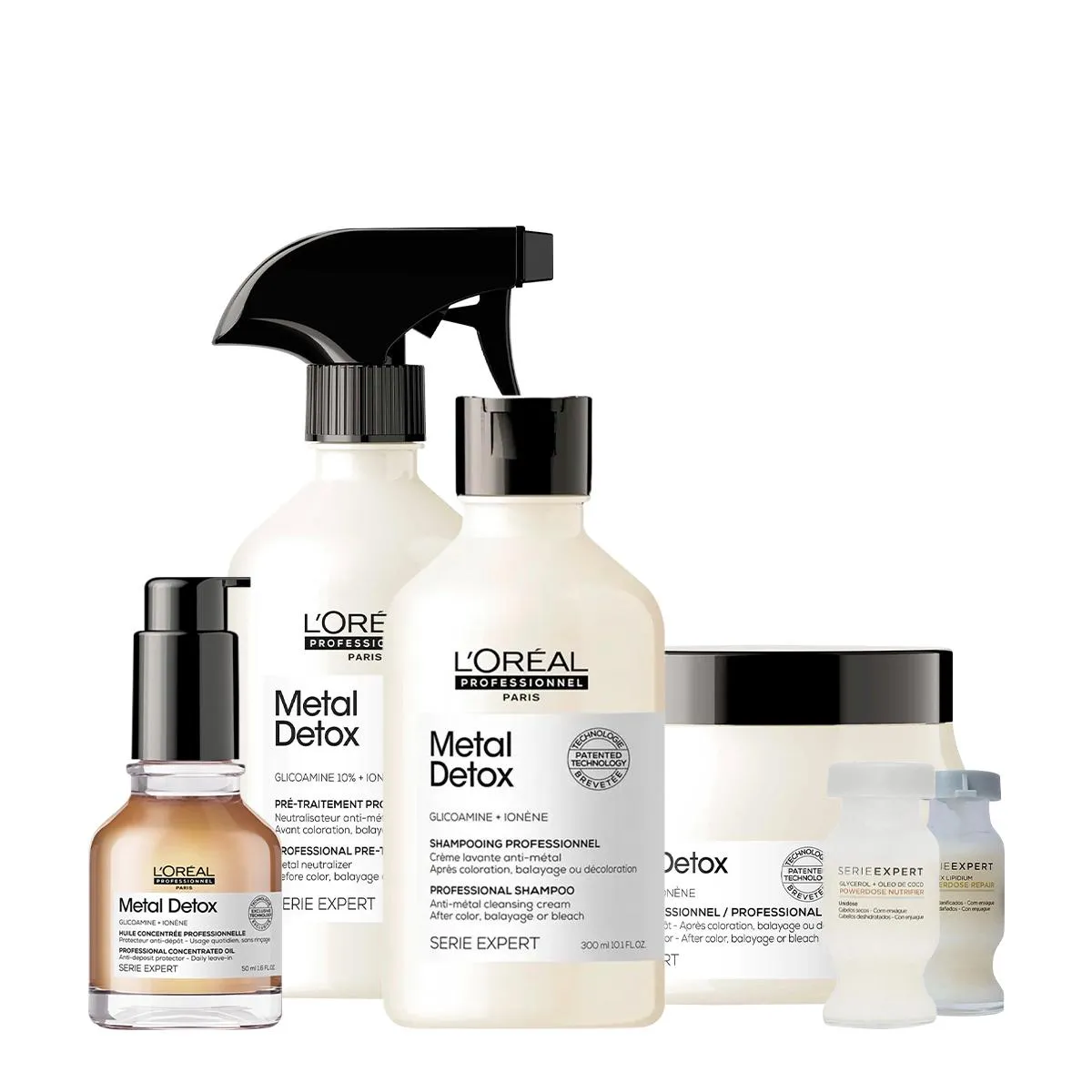 KIT LORéAL PROFESSIONNEL METAL DETOX NEUTRALIZADOR SHAMPOO MáSCARA ÓLEO SPRAY E AMPOLAS (6 PRODUTOS)