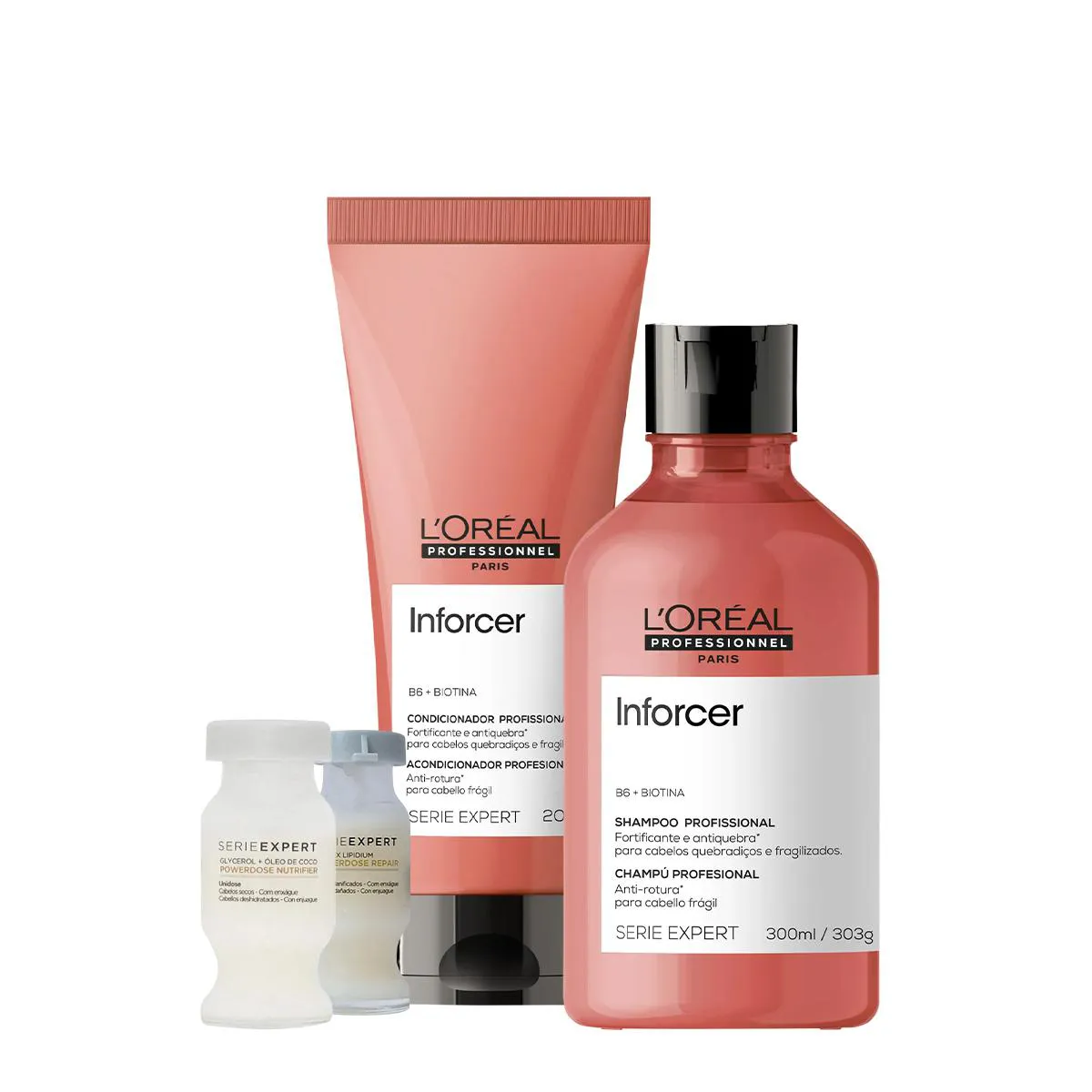 KIT LORéAL PROFESSIONNEL INFORCER SERIE EXPERT SHAMPOO CONDICIONADOR E AMPOLAS ABSOLUT REPAIR (4 PRODUTOS)