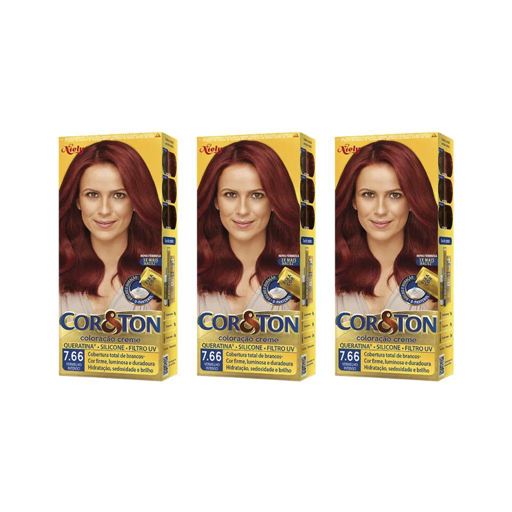 COLORAçAO COR&TON 7.66 VERMELHO INTENSO 50G-KIT C/3