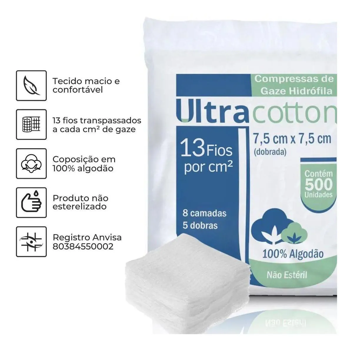 GAZE 13 FIOS 7,5 X 7,5 COM 500 ULTRACOTTON