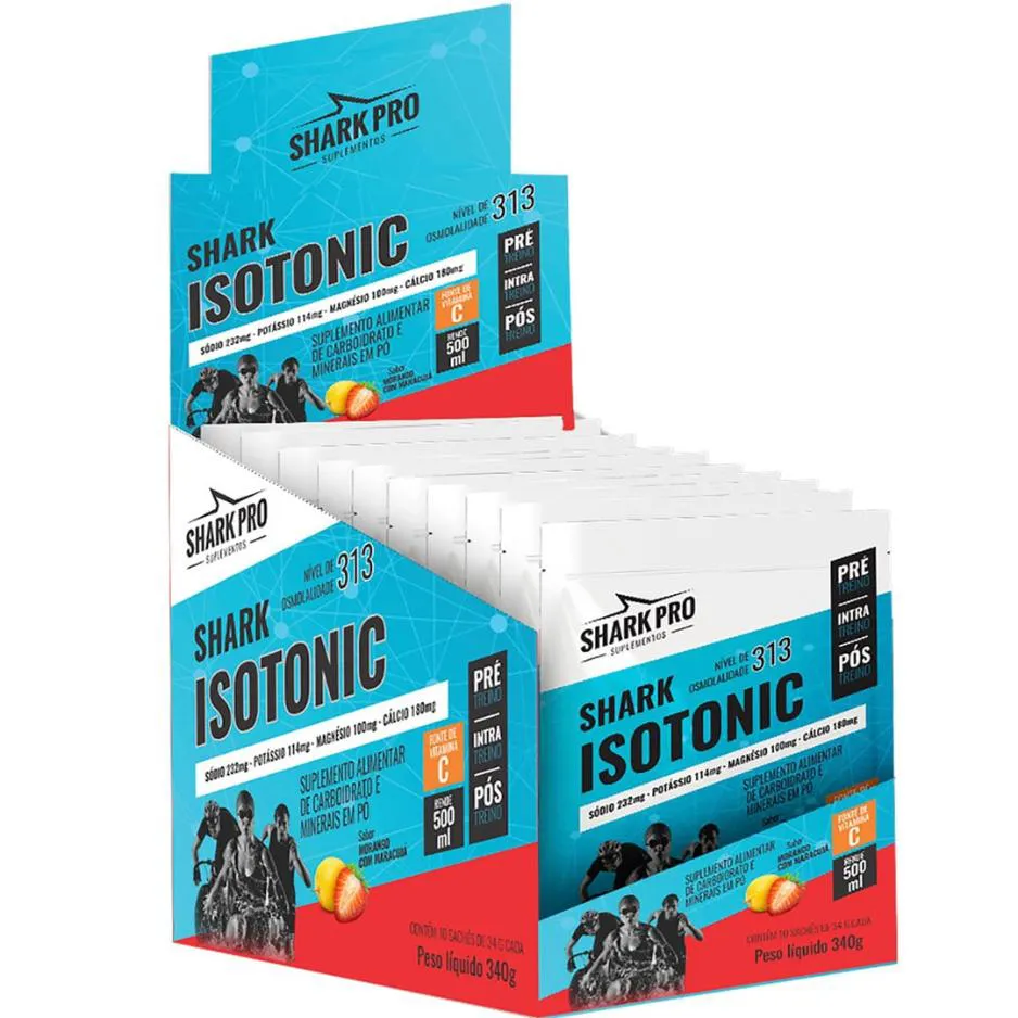 SHARK PRO ISOTONICO SABOR MORANGO C/ MARACUJA CAIXA (10 SACHES)