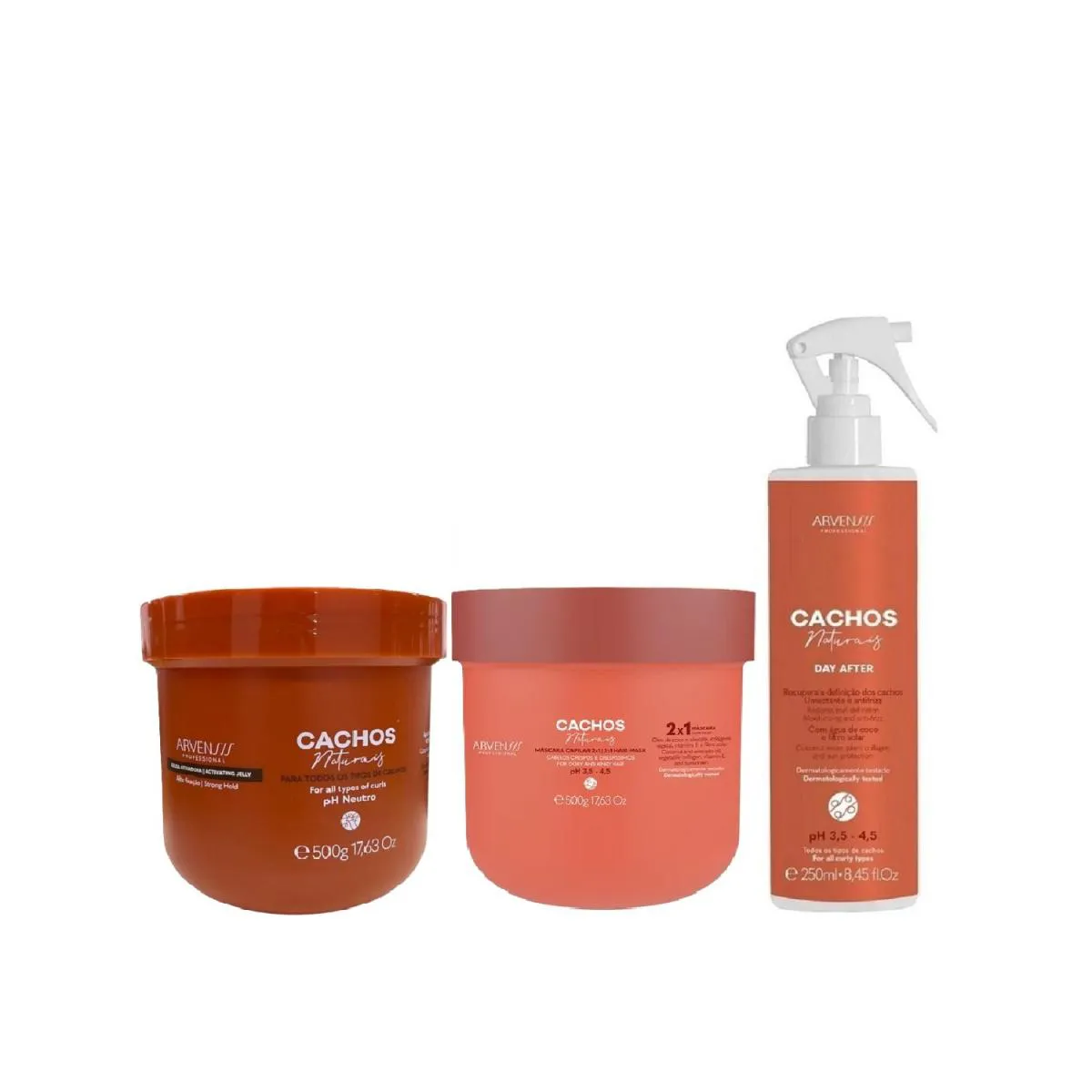 KIT ARVENSIS CACHOS NATURAIS - DAY AFTER 250ML + GELATINA ALTA FIXAçãO 500G + MáSCARA CAPILAR 2X1 500G