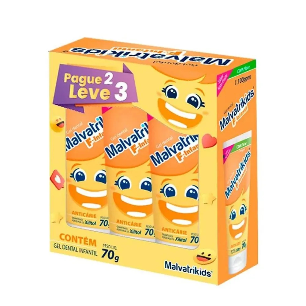 KIT 3 GEL DENTAL F-INFANTIL COM FLúOR 70G - MALVATRIKIDS