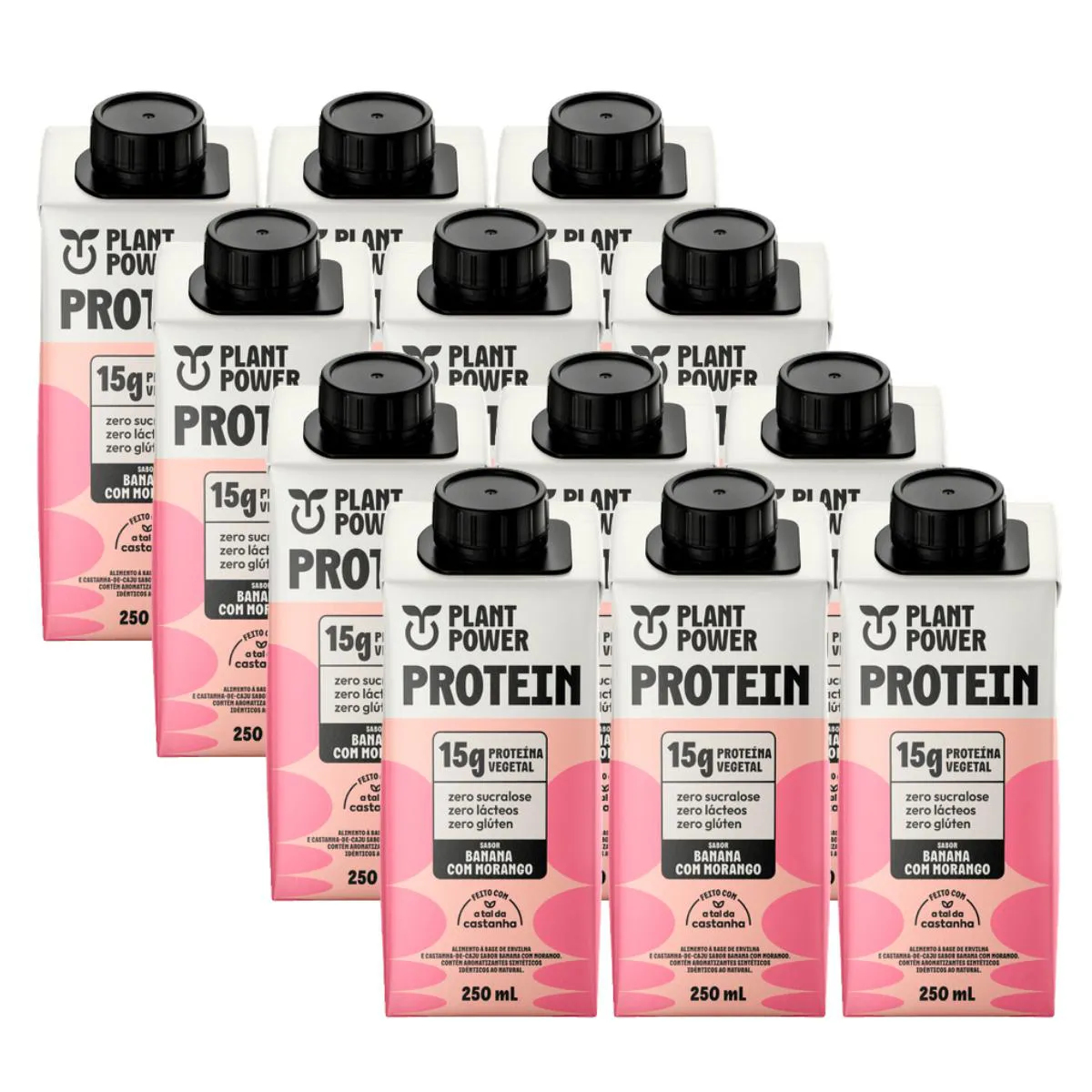 12X BEBIDA VEGETAL 15G PROTEIN PLANT POWER BANANA E MORANGO 250ML