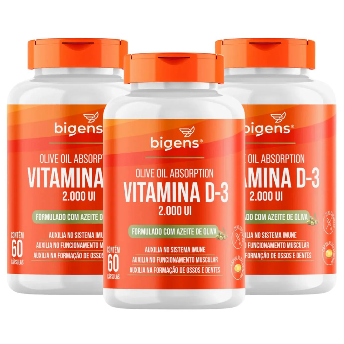 3X VITAMINA D3 2000UI ÓLEO DE OLIVA BIGENS 60 CAPSULAS SEM Sabor