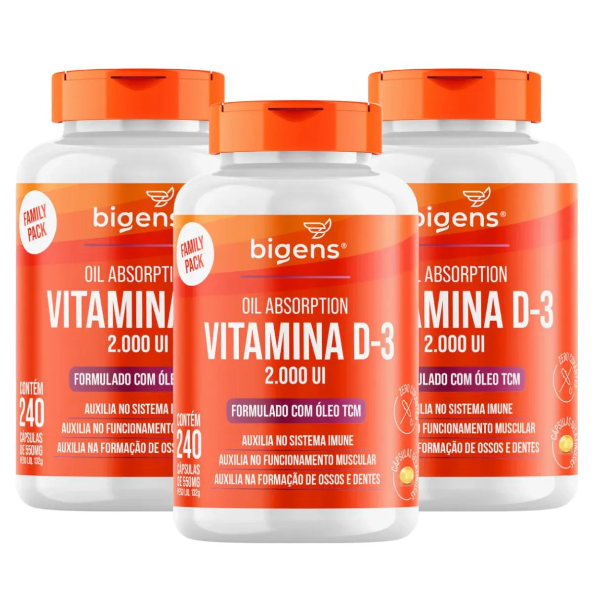 3X VITAMINA D3 2000UI + K2 MK7 ÓLEO DE OLIVA BIGENS 60 CAPSULAS SEM Sabor