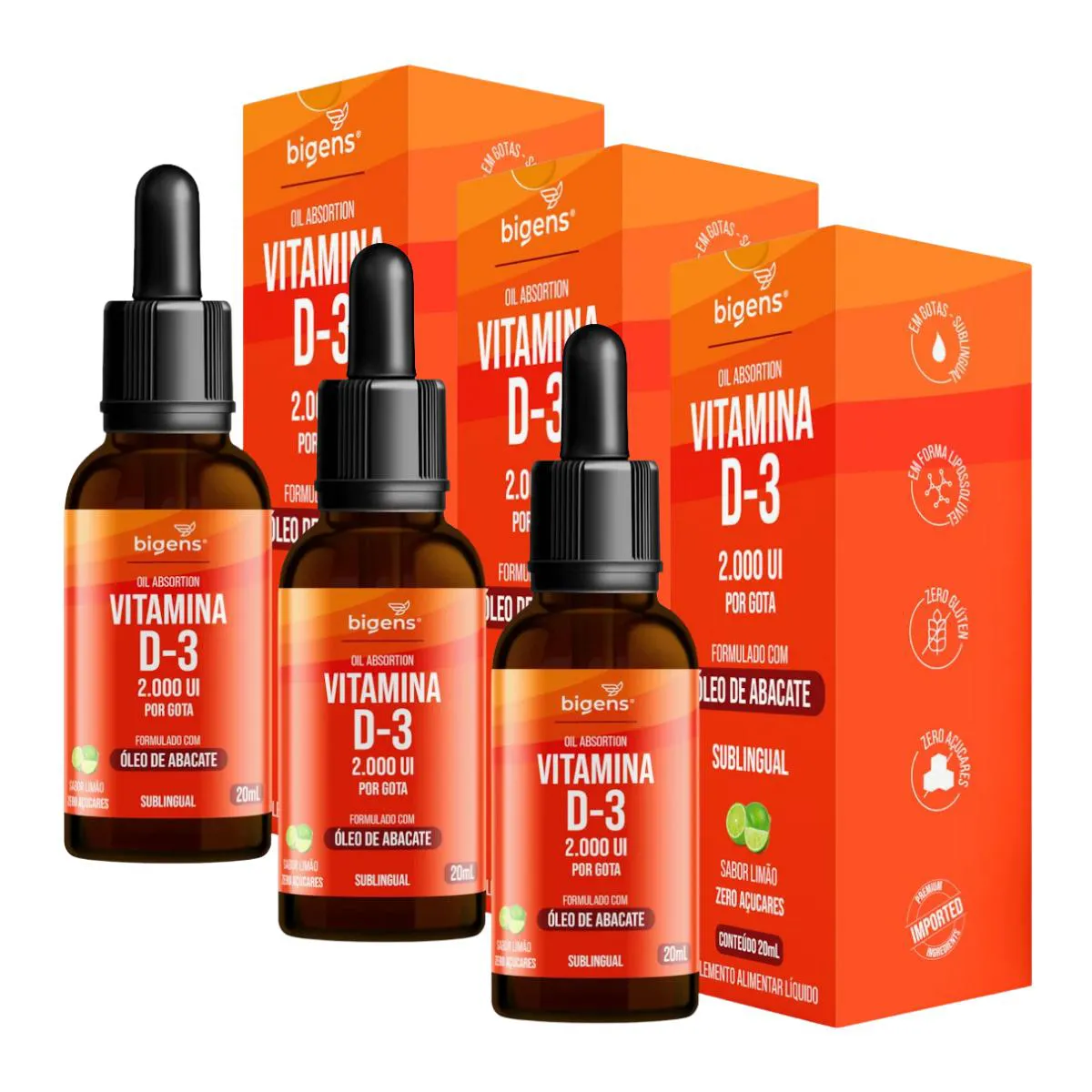 3X VITAMINA D3 2000UI ÓLEO DE ABACATE BIGENS LIMãO 20ML
