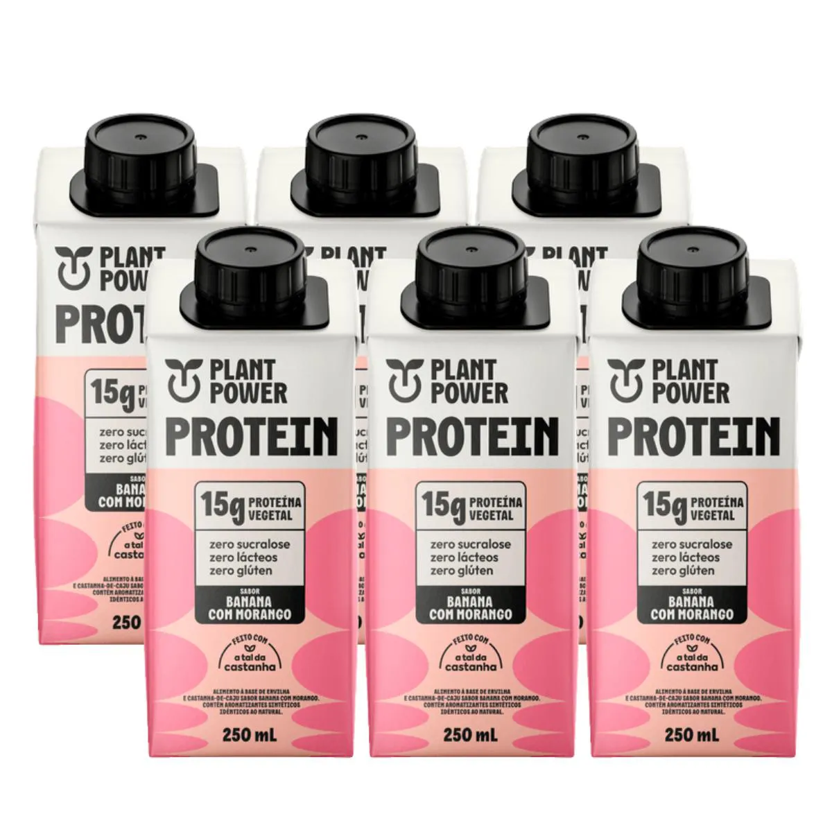 6X BEBIDA VEGETAL 15G PROTEIN PLANT POWER BANANA E MORANGO 250ML