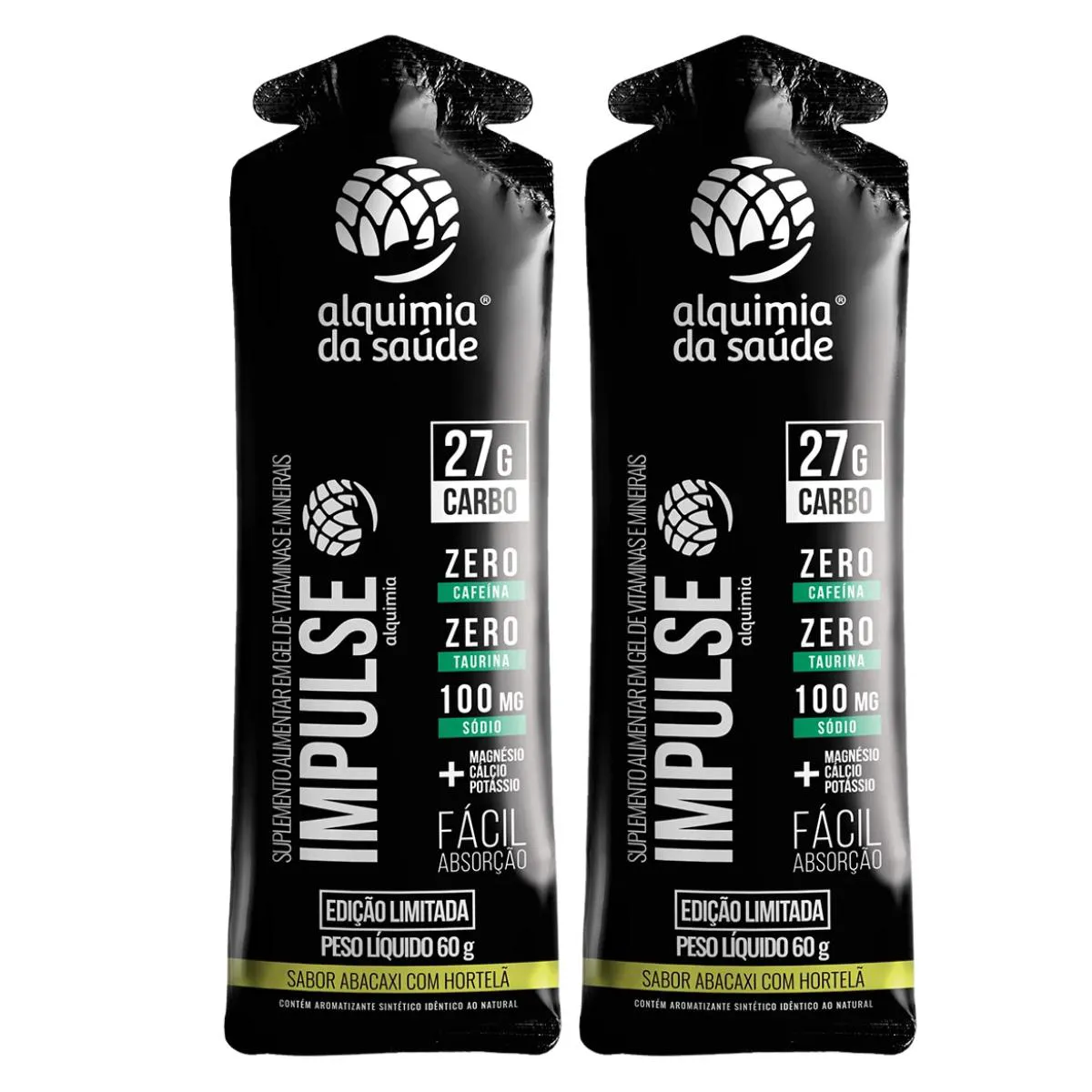 GEL IMPULSE 27G CARBO ALQUIMIA DA SAúDE ABACAXI COM HORTELã 15 UNIDADES 60G
